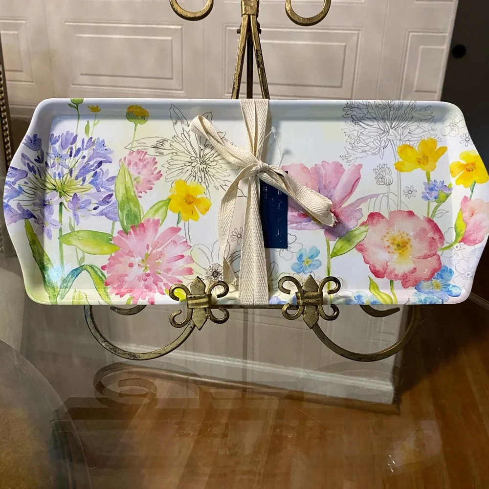 Brand New Set Of 2 Pcs 15” Long Rectangular Tahari Floral Trays